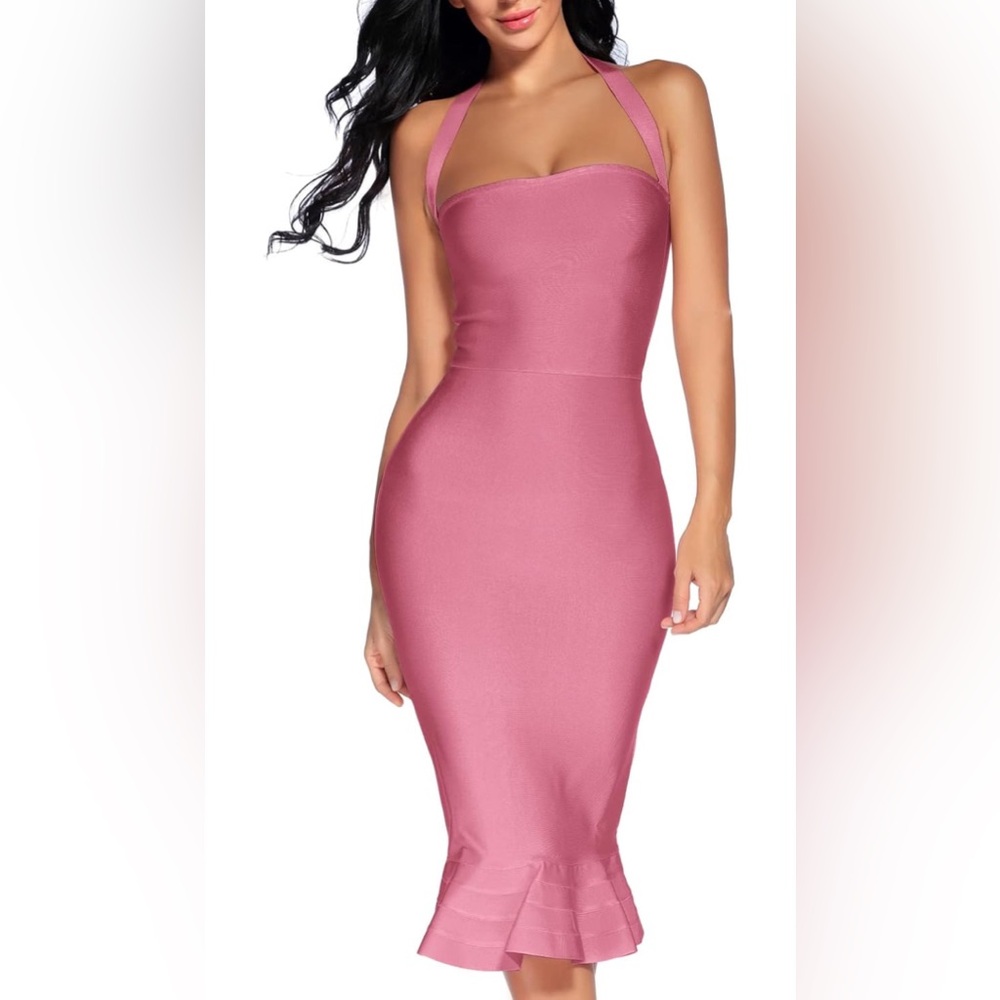 Pink Halter Bodycon Cocktail Dress
